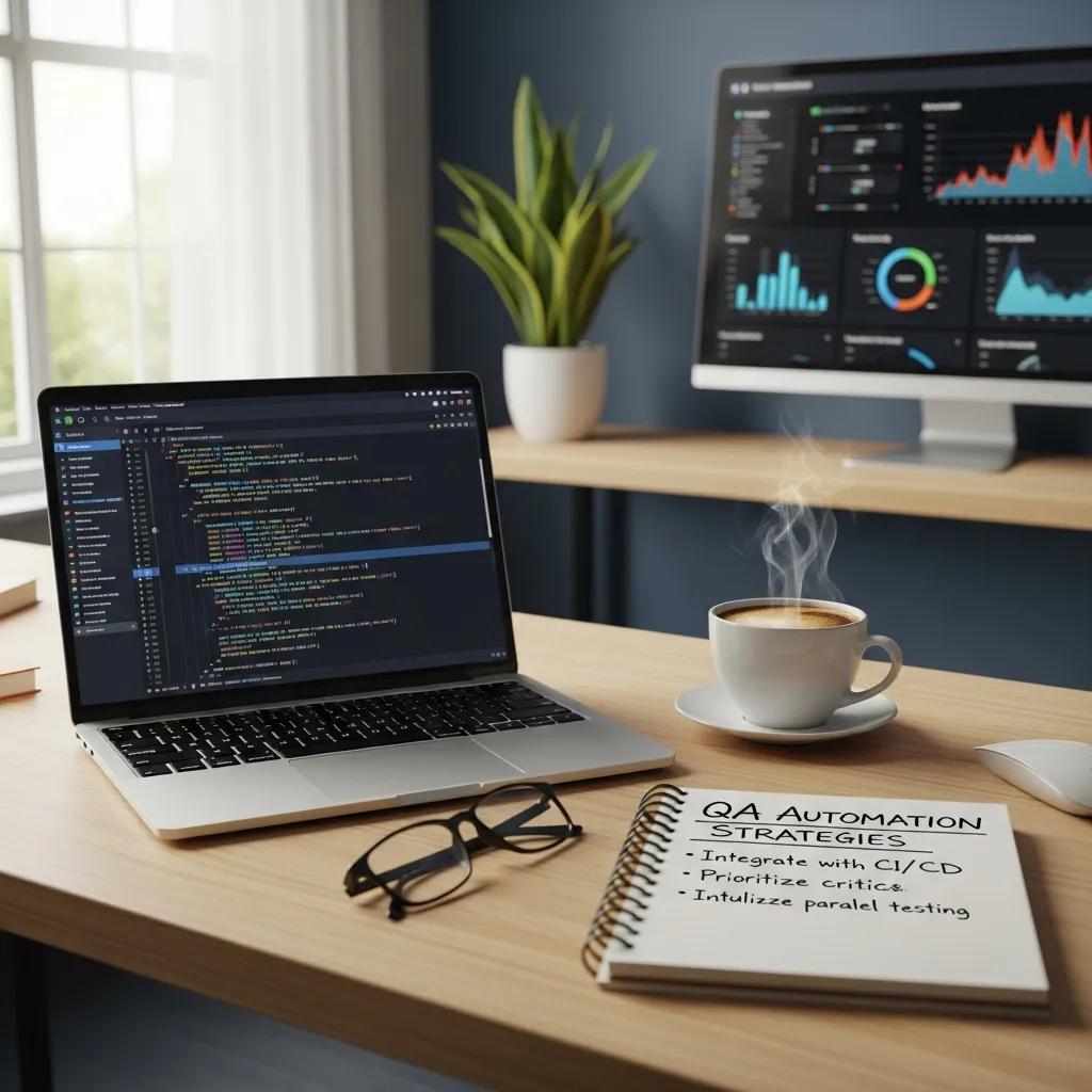 Modern software testing environment with a laptop, coffee, and notepad illustrating QA automation