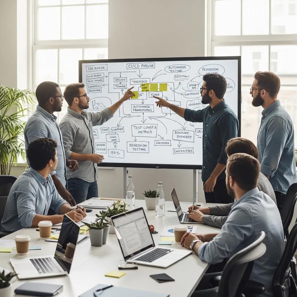 Team of software engineers collaborating on QA automation strategies at a whiteboard in a modern office